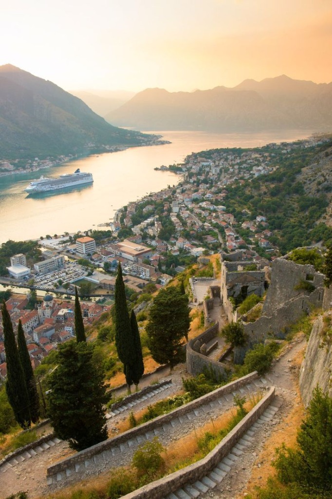 Kotor Walls with a cruise ship in the Bay